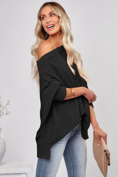 Soft Beige Waffle Knit Blouse for Women - Relaxed Fit Long Sleeve Top for Effortless Comfort and Style