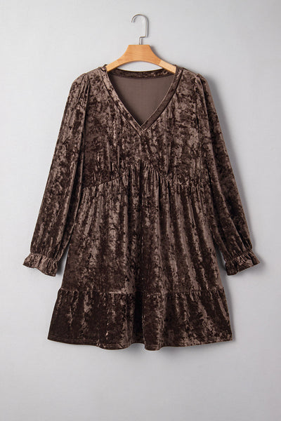 Chic Plus Size Women's Coffee Velvet Babydoll Mini Dress with Puff Sleeves - Stylish & Comfortable Evening Outfit
