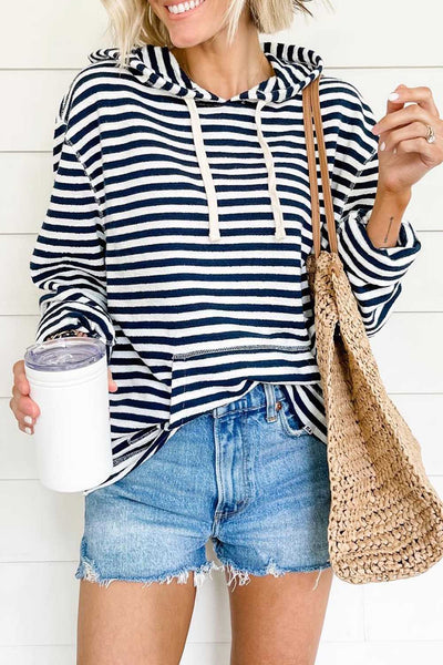 Classic Striped Kangaroo Pocket Hoodie with Drawstring