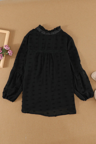 Women's Swiss Dot V-Neck Babydoll Blouse with Crochet Lace