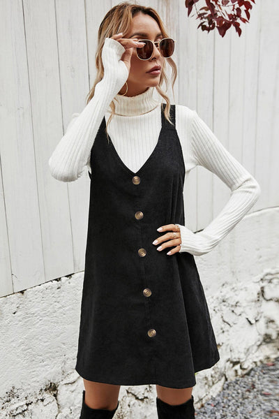 Trendy Women's Black Sleeveless Corduroy Mini Dress with V-Neck and Button Front Perfect for Casual and Evening Wear