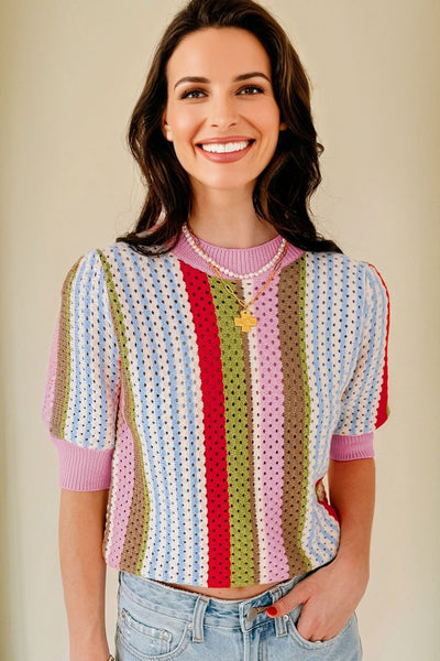 Women's Multi-Color Pointelle Knit Striped Short Sleeve Sweater