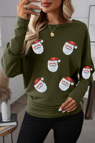 Women's Sequined Santa Graphic Long Sleeve Tee in Olive