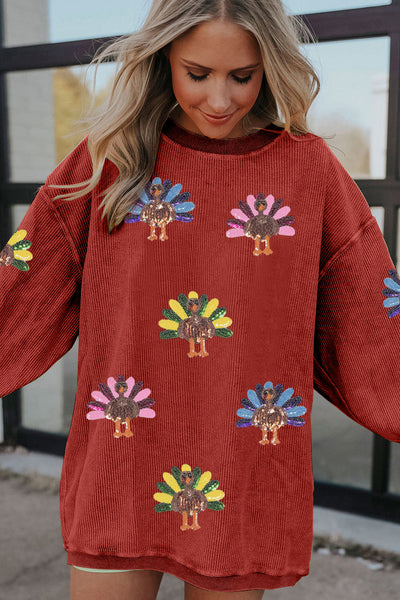 Women's Racing Red Corduroy Turkey Graphic Oversized Sweatshirt made for easy styling and wardrobe coordination, with premium-like structure and