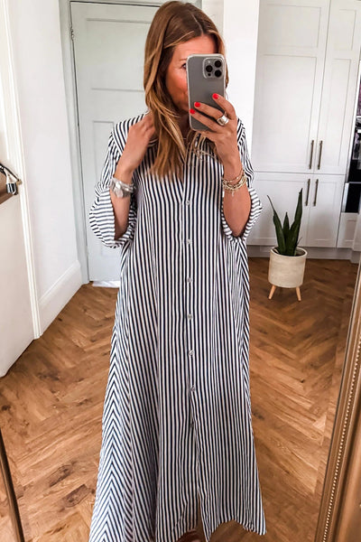 Women's Relaxed Fit Black Striped Maxi Dress with Side Pockets and Button-Up Closure for Effortless Chic Style