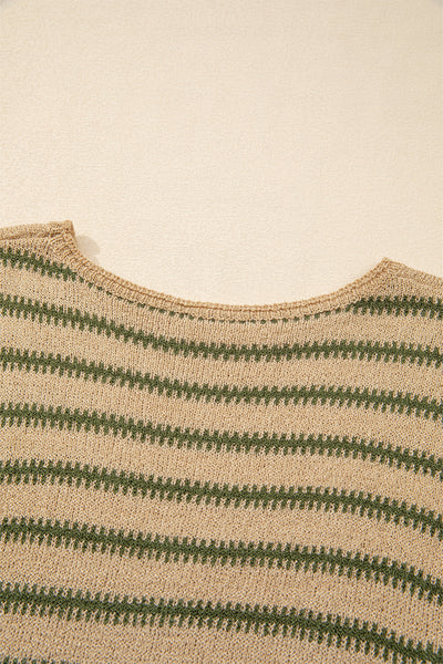 Women's Cozy Khaki Striped Drop Shoulder Sweater - Casual Chic Style for Everyday Comfort and Versatile Wear
