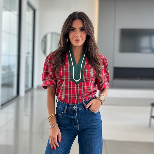 chic women's red plaid v-neck blouse with contrast trim - versatile short sleeve top for casual and office outfits made for easy styling and wardrobe