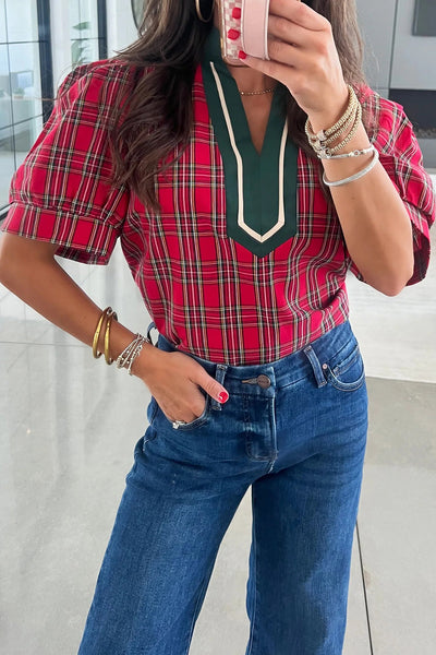 chic women's red plaid v-neck blouse with contrast trim - versatile short sleeve top for casual and office outfits made for easy styling and wardrobe