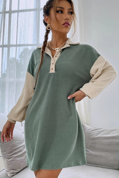 Trendy Women's Long Sleeve Green Bay Color Block Mini Dress with Lattice Texture and Button Collar for Chic Style