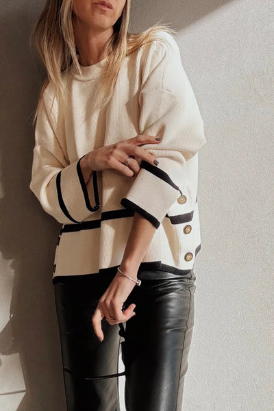 Beige Ribbed Knit Sweater for Women with Contrasting Stripes and Button Side Detail - Loose Fit, Cozy Style