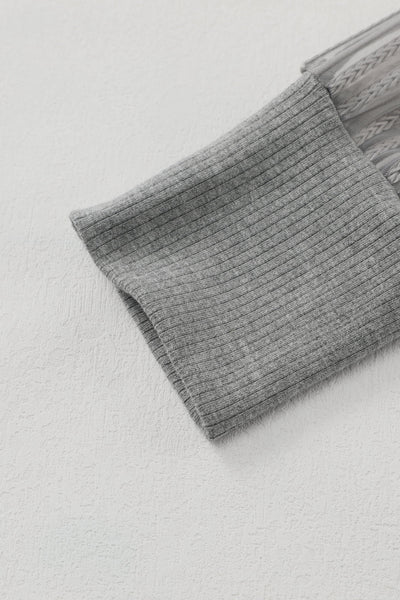 Women's Ribbed Grey Crewneck Top with Sheer Striped Mesh Sleeves