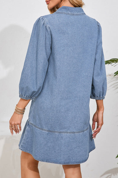 Stylish Women's Beau Blue Denim Dress with V-Neck, Collared Long Sleeves, and Chic Chest Pocket for Effortless Elegance