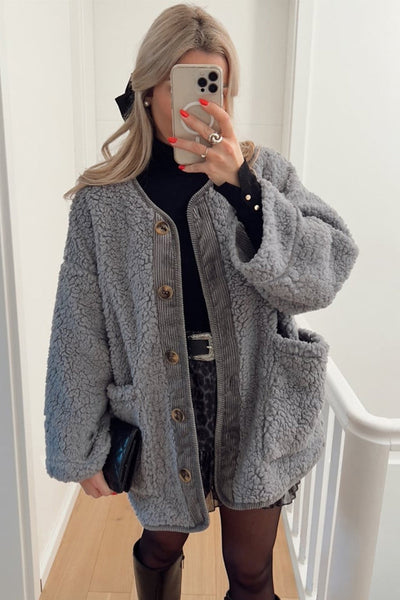 Cozy Women's Medium Grey Puffy Corduroy Jacket with Big Pockets - Stylish Patchwork for Casual Chic Outfits