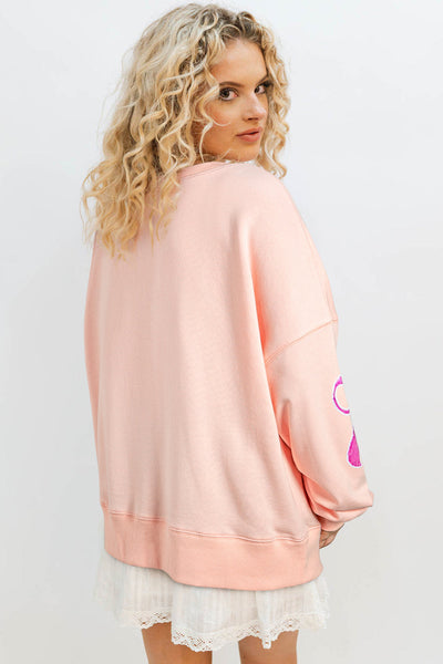 Trendy Oversized Apricot Pink Sweatshirt for Women with Sequined Bowknot - Stylish Comfort for Casual Wear
