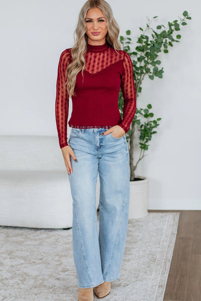 Stylish Women's Red Sheer Long Sleeve Top with Textured Knit and Lace Details - Perfect for Versatile Occasions