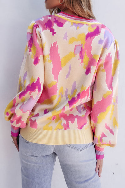 Cozy Women's Khaki Colorblock Balloon Sleeve Sweater with Abstract Print - Trendy Knit Top for Stylish Fall Outfits