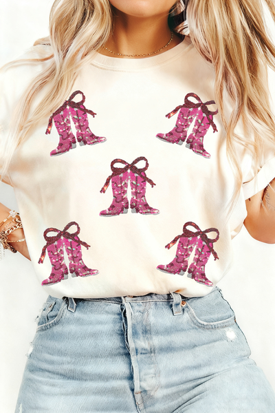 Women's Sequin Western Boot Graphic Tee in Cream