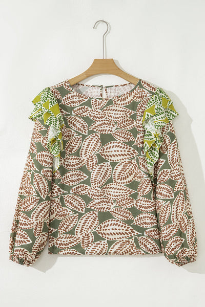 Women's Stylish Green Abstract Leaf Print Long Sleeve Blouse with Ruffle Trim - Trendy Top for Every Occasion