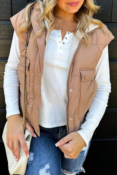 Women's Stylish Smoke Gray Color Block Zip-Up Winter Vest with Snap Button Closure and Trendy Patchwork Design
