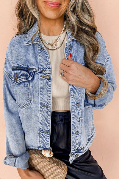 Beau Blue Vintage Washed Denim Jacket for Women Chic Flap Pocket Outerwear, Perfect for Any Occasion