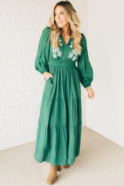 Women's Embroidered Sea Green Tiered Maxi Dress with Smocked Waist