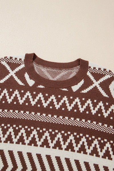 Women's Chestnut Brown Abstract Geometric Knit Pullover
