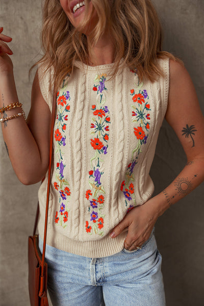 Cozy Women's Floral Embroidered Cable Knit Sweater Vest in Jet Stream - Ideal for Layering and Fall Styles