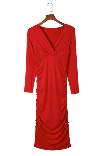 Women's Ruched V-Neck Long Sleeve Slim Maxi Dress