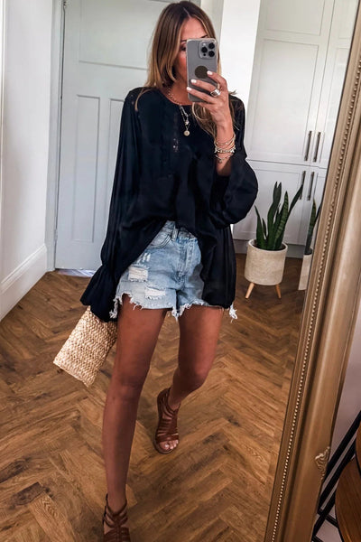 Elegant Black Silky Blouse for Women with Lace Frills and Long Sleeves - Perfect for Stylish Casual or Dressy Occasions