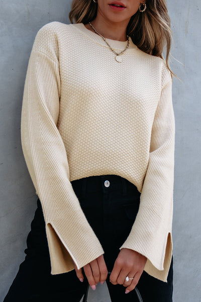 Women's Parchment Waffle Knit Sweater with Split Cuffs and Drop Shoulders with practical styling and dependable silhouette control.
