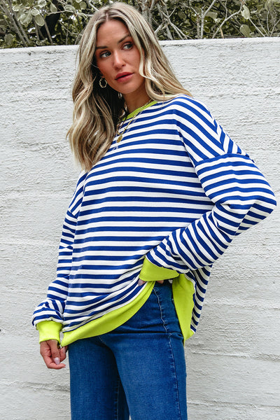Women's Breton Stripe Cotton Sweatshirt with Neon Trim