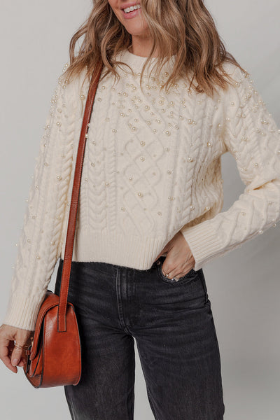 Beige Women's Cozy Cable Knit Sweater with Pearl Details - Chic Fall & Winter Essential for Effortless Style
