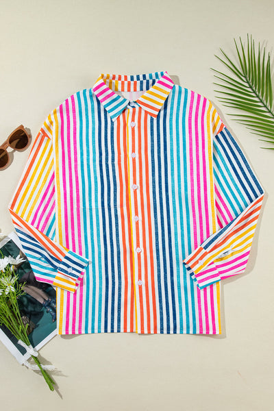 Trendy Women's Orange Striped Loose-Fit Drop Shoulder Shirt - Casual Multicolor Top for Effortless Everyday Style