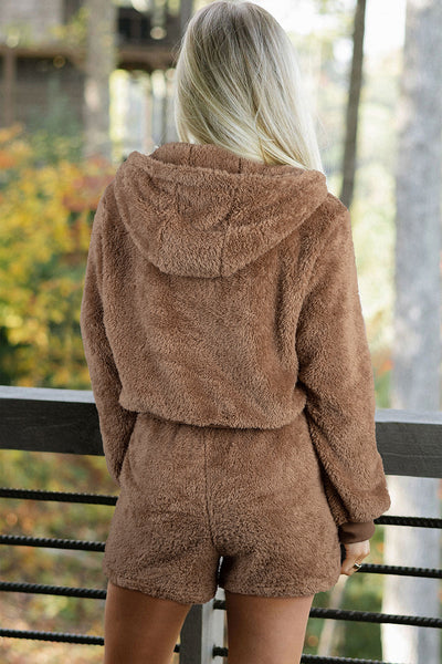 Soft Beige Women's Sherpa Hoodie and Shorts Set - Casual Chic Loungewear for Ultimate Comfort and Style