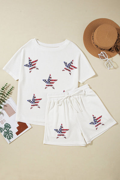 Women's Star Spangled Sequin White Waffle Knit Shorts Set