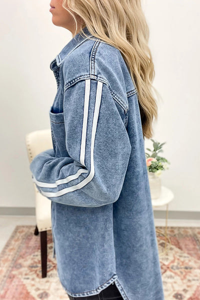Classic Blue Women's Loose-Fit Denim Jacket with Varsity Stripes and Button Closure for Effortless Style