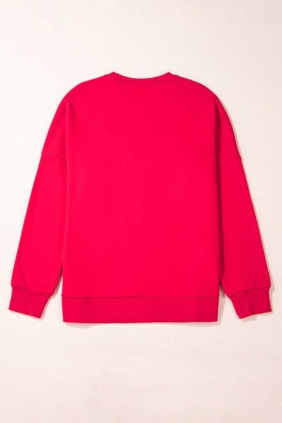 Cozy Fiery Red Santa Baby Graphic Sweatshirt for Women - Festive Holiday Style with Tinsel Detail