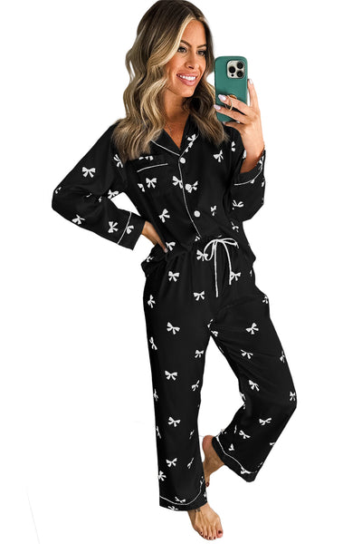 elegant women's black bow print two-piece pajama set for cozy nights and lazy mornings in soft, breathable fabric with practical styling and