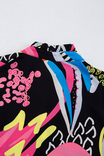 Chic Women's Black Abstract Print Blouse with Ruffled Sleeves and Buttoned V-Neck for Effortless Style