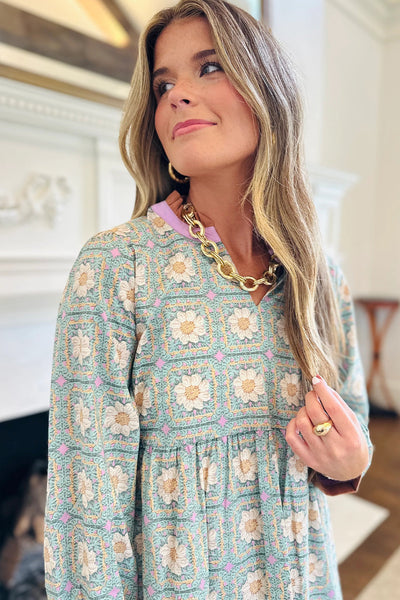 Chic Women's Long Sleeve Green Floral Mini Dress with Striped Trim and Geometric Design for Casual Elegance