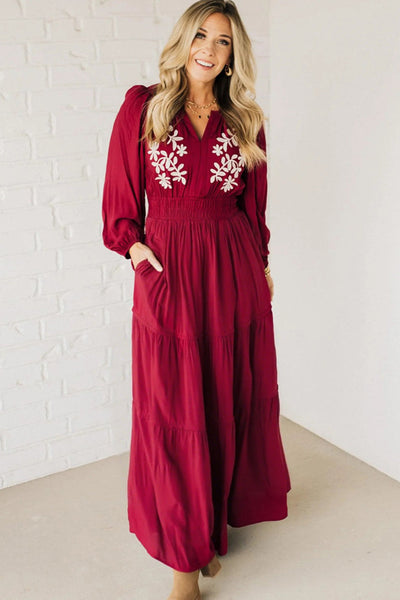 Elegant Women's Racing Red Maxi Dress with Contrast Embroidery, V-Neck, Long Sleeve, Perfect for Special Occasions