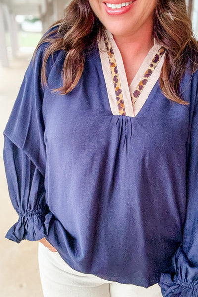 Plus Size Women's Navy Blue Leopard Print Blouse with Flounce Sleeves and Elegant Collar for Trendy Style