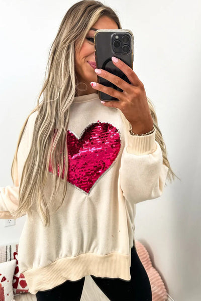Trendy Women's Beige Ribbed Sweatshirt with Sequin Heart, Side Slit, Perfect for Casual Chic Outfits