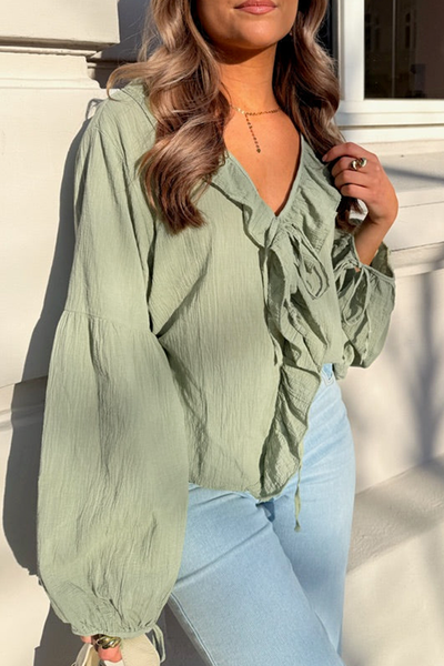 Elegant Women's Soft Pastel Ruffle Trim Blouse - Flowy Fit for Casual Chic Style and All-Day Comfort