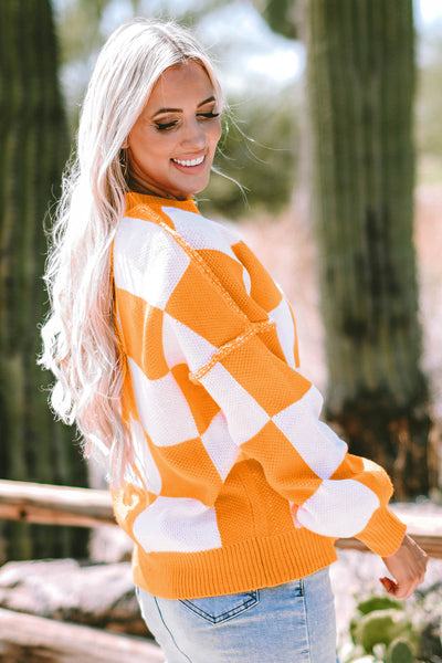 Women's Cozy Orange Checkered Bishop Sleeve Sweater - Stylish Knit Pullover for Fall Fashion and Casual Wear