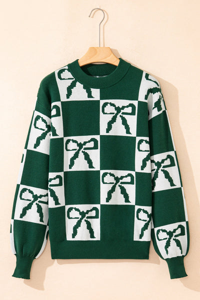 Women's Checkered Bow Knit Sweater in Hunter Green made for easy styling and wardrobe coordination, with premium-like structure and finish.