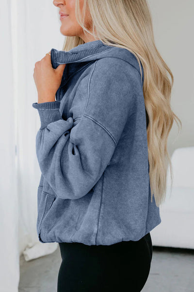 Women's Cozy Ashleigh Blue Mineral Wash Baggy Hoodie with Half Zip & Kangaroo Pocket - Casual Chic Comfort Wear