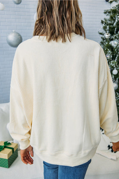 Beige Ribbed Loose Sweatshirt for Women with Corded Letter Graphic - Cozy Casual Top for Effortless Everyday Style