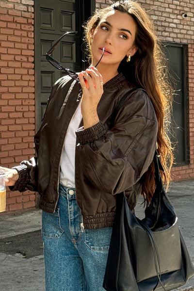 Chic Women's Dark Brown Faux Leather Bomber Jacket with Elastic Cuffs for a Trendy and Comfortable Fit