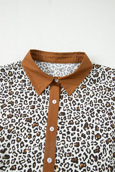 Plus Size Women's Trendy Khaki Leopard Print Mini Dress with Puff Sleeves and Button V-Neck for a Comfortable Fit